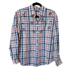 Vintage Napa Valley Plaid Embroidered Beaded Gardening Granny Blouse Button Fron